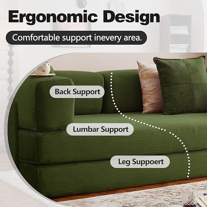 78.8" Convertible Sofa Bed -Compression Sofa with Corduroy Fabric - with Armrests and Backrest - Modular Sectional for Living Room, Bedroom, Studio - Compression Sofa in Box (Military Green)