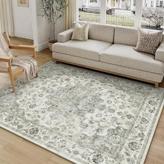 5x7 Washable Neutral Area Rug Green Vintage Living Room Bedroom Carpet Non-Slip Soft Low Pile Floral Indoor Throw Rug for Dining Room Entryway Office