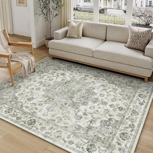 5x7 Washable Neutral Area Rug Green Vintage Living Room Bedroom Carpet Non-Slip Soft Low Pile Floral Indoor Throw Rug for Dining Room Entryway Office