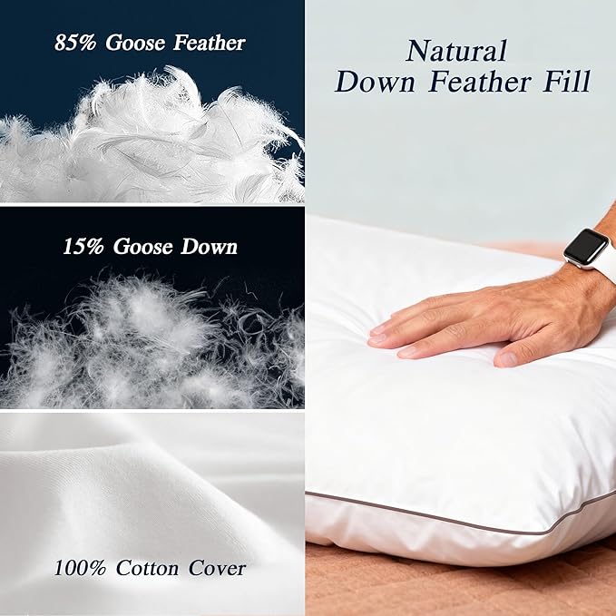 puredown® Made in USA Goose Feather Down Pillows, Standard Size Set of 2, 100% Cotton Cover, Bed Feather Pillows for Sleepering