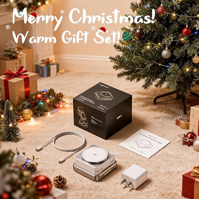 【2026 Upgraded】Wireless Charger 3 in 1, Foldable Wireless Charging Station with Light for Apple MagSafe Charger, Travel Magnetic Charger for iPhone 17/16/15/14/13/12 Apple Watch AirPods (20W Adapter)