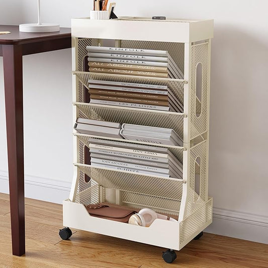 COVAODQ Rolling File Cart Book Cart with Wheels Mobile Bookshelf File Organizer Beside Desk, Free-Standing File Holder, Paper Letter Tray Organizer Mesh Desk Organizer for Office School