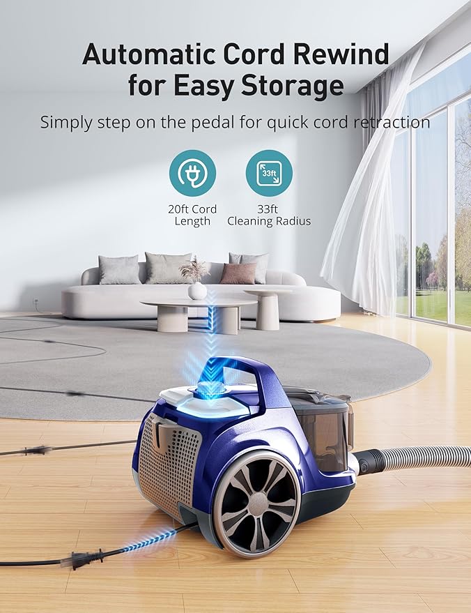 Aspiron Canister Vacuum, Upgraded 1600W Bagless Canister Vacuum Cleaner, Auto Cord Rewind, H13 HEPA Filter, 4Qt Large Capacity, 5 Tools for Hard Floors, Carpet, Pet, Upholstery, Tiles, Indigo
