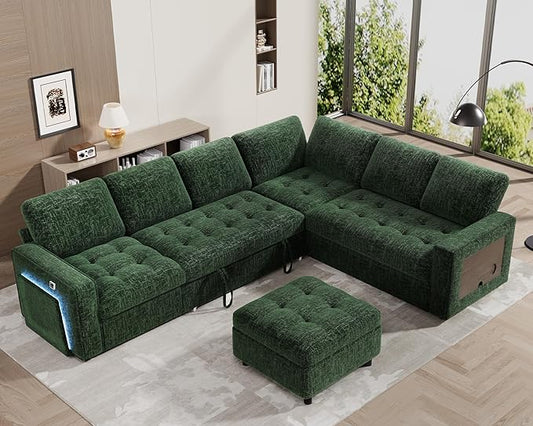 WEUP 7 Seat L Shaped Sectional Sleeper Sofa Bed with Pull Out Bed, Chenille Sectional Sleeper Couch with Ottoman, Adjustable Backrest, USB Ports, LED, Side Table, Tool-Free Assembly, Chenille Green