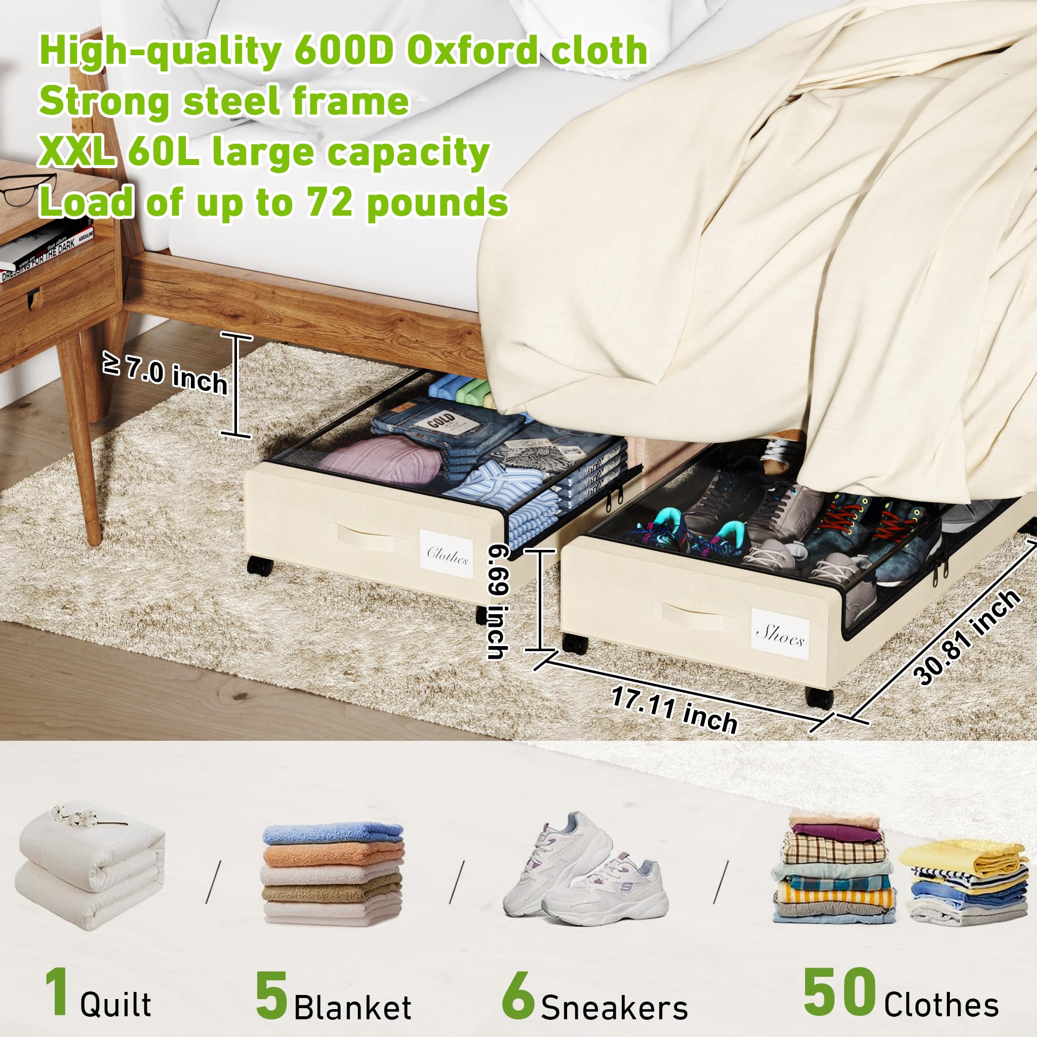 YAASHEEN Under Bed Storage with Wheels, 2-Pack Under the Bed Storage Containers with Clear Lids & Label, Underbed Storage Bins, XXL 60L Rolling Metal Drawer for Clothes, Shoes, Toys, Books - Black Dormly