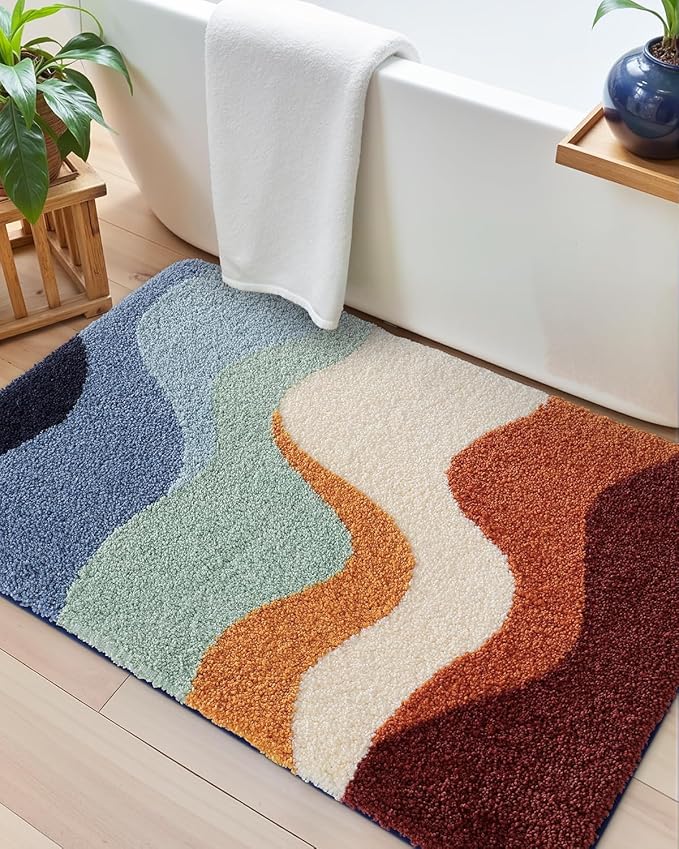 DEXI Bathroom Rug Washable, 24x36 Non Slip Bath Mat Absorbent, Soft Plush Microfiber Bathmat Quick Dry for Shower Floor, Colorful