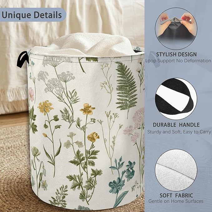 Wildflowers Herb Laundry Basket,Plants Botanical Oxford Cloth Laundry Hamper with Handle Foldable Portable Clothes Storage Basket for Bathroom Bedroom Dorm Room 16" x 20.8"