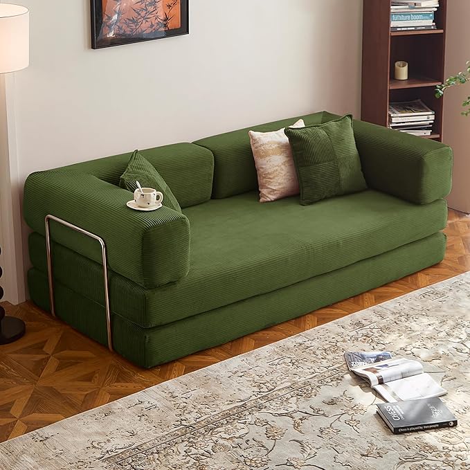 78.8" Convertible Sofa Bed -Compression Sofa with Corduroy Fabric - with Armrests and Backrest - Modular Sectional for Living Room, Bedroom, Studio - Compression Sofa in Box (Military Green)