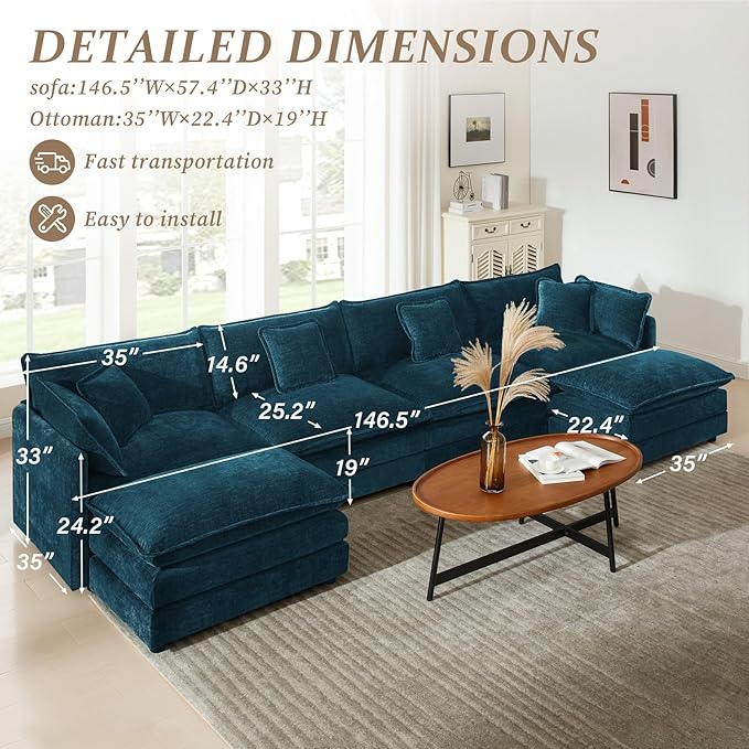 SoarFlash Chenille Sectional Sofa, Comfy L/U Shaped Modular Coush Sofa with Ottoman, Modern 4 Seat Couch Deep Seat Sofa Set for Living Room,Deep Blue