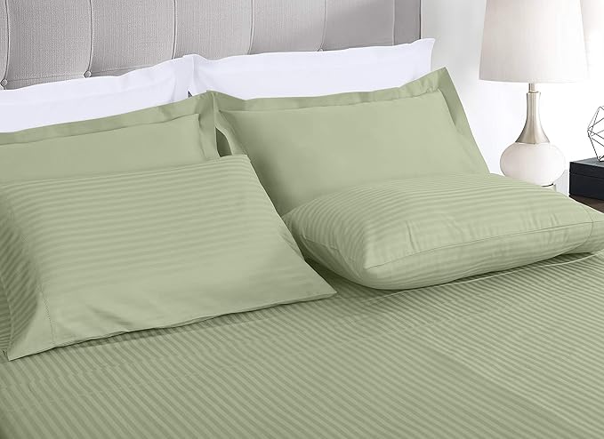Threadmill 100% Cotton Sheets for Cal King Size Bed - 600 Thread Count Cal King Bed Sheets Set with 16” Deep Pocket - Damask Stripe Sateen Weave 4-Piece Bedding Set with Cooling Effect, Sage Green