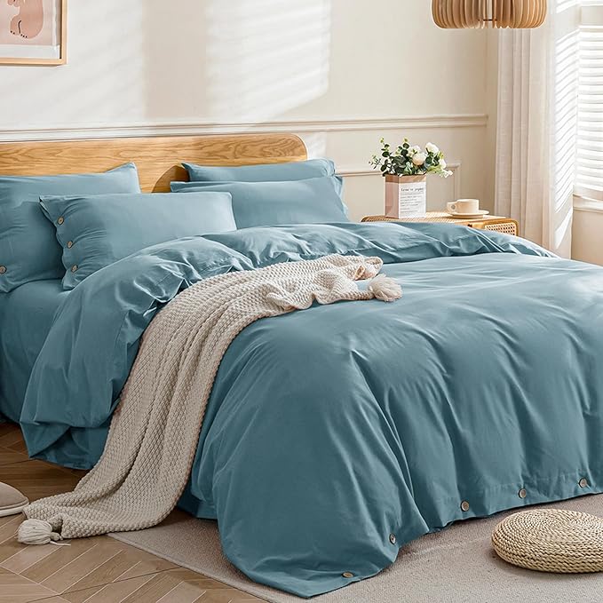 JELLYMONI Cotton Duvet Cover Queen Size - Grayish Blue Comforter Cover with Button 100% Washed Cotton 3PCS Breathable Soft Solid Bedding Set Duvet Cover 90×90in & 2 Pillowcases (NO Comforter)