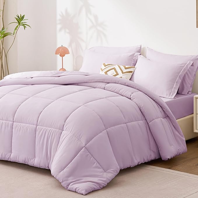 Love's cabin Queen Comforter Set Light Purple, 7 Pieces Queen Bed in a Bag, All Season Bedding Sets with 1 Comforter, 1 Flat Sheet, 1 Fitted Sheet, 2 Pillowcase and 2 Pillow Sham