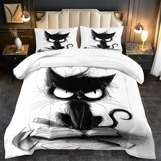 Cute Black Cat Comforter Set Queen Size Cute Pet Bedding Set Boys Girls White and Black Comforter Cartoon Cat Quilt Animal Bedroom Decor Kawaii Animal Print Bedding Boys Kids