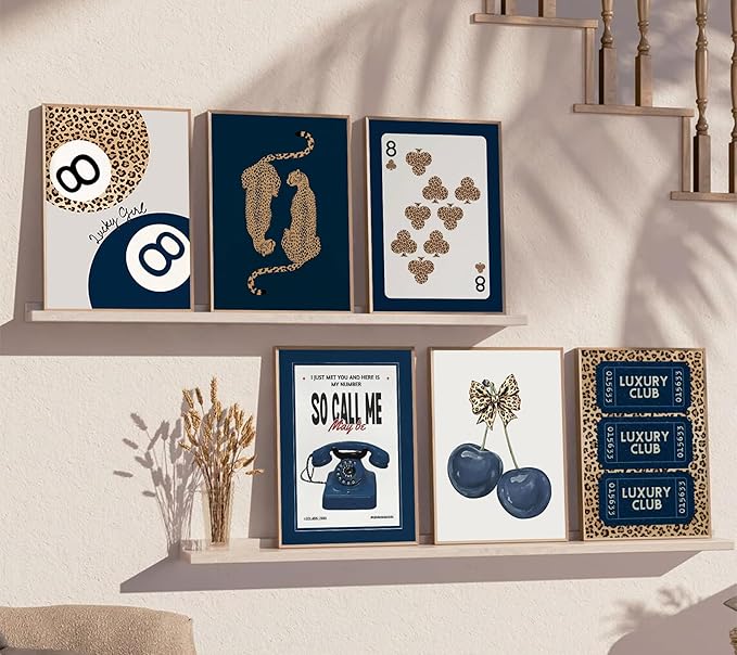 6Pcs Navy Blue Trendy Leopard Canvas Wall Art Fashion Lucky 8 Ball Painting pictures Preppy Y2K Aesthetics Wall Decor Trend Cheetah Prints Artwork for College Dorm Home Decoration 12x16in Unframed