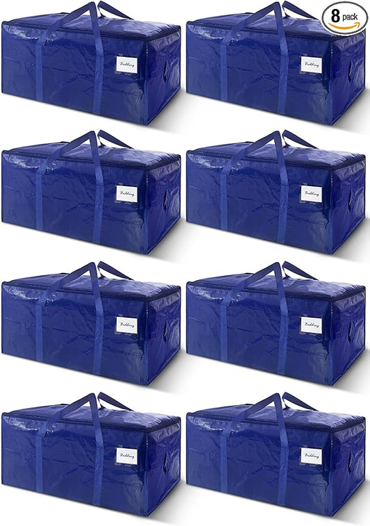 8 Pack Extra Heavy Duty Large Moving Bags with Strong Zipper & Carrying Handles, Sturdy Clothes Storage Bags Totes Bins, Packing Bag Move Boxes College Moving Supplies, Dark Blue - 24 gal