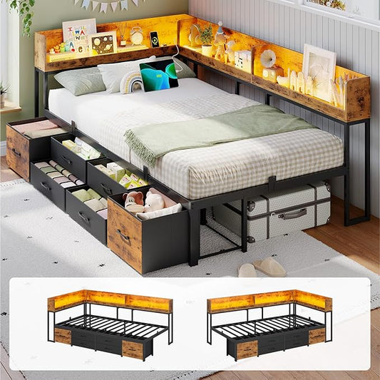 VIAGDO Corner Bed Frame with Storage Bookcase Headboard and 6 Drawers, Twin Metal Platform Corner Bed Frame with LED Lights and Charging Station, Twin Daybed for Kids Teenagers, Rustic Brown & Black