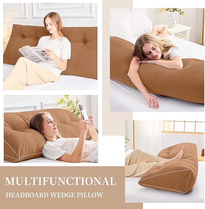 Sasttie Headboard Pillow Queen, Wedge Pillow Headboard for Sitting Up in Bed, Back-Rest Support Triangular Cushion for Reading - Features Removable Washable Cover, Caramel