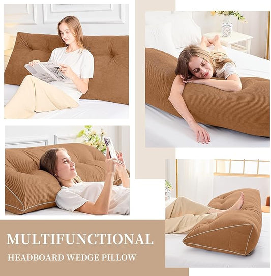 Sasttie Headboard Pillow Queen, Wedge Pillow Headboard for Sitting Up in Bed, Back-Rest Support Triangular Cushion for Reading - Features Removable Washable Cover, Caramel