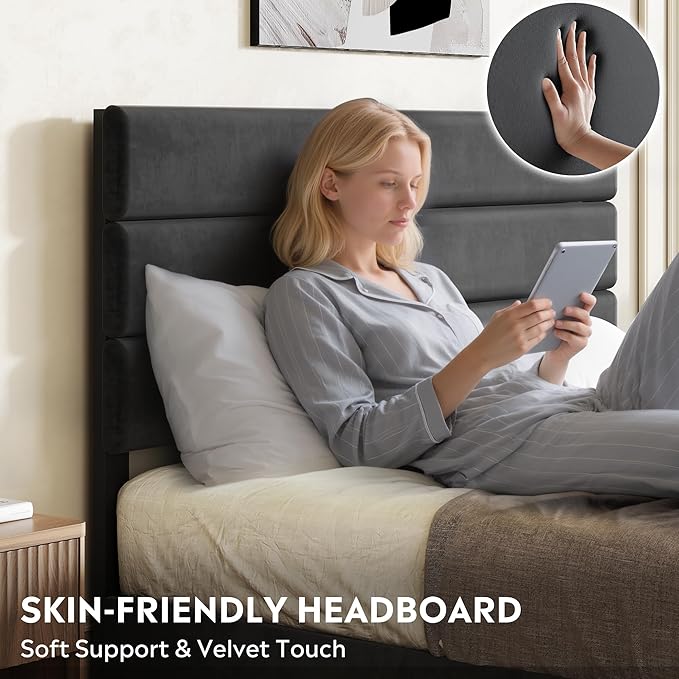 WLIVE Full Size Upholstered Bed Frame with 4 Storage Drawers and Headboard, Velvet Platform Bedframe, Sturdy Metal & Wooden Slats Support, No Box Spring Needed, Easy Assembly, Black