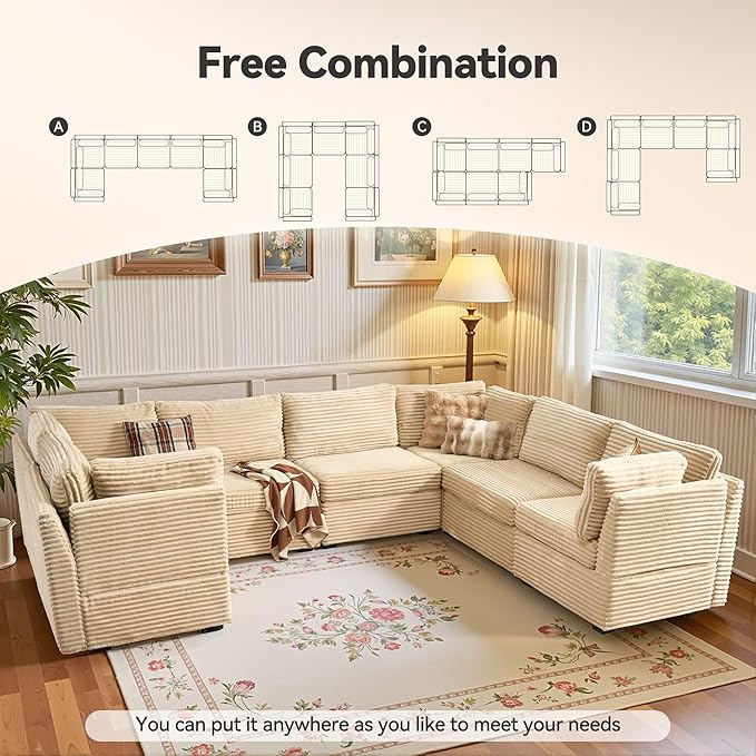 Large 7 Seat Modular Sectional Sofa with Ottoman Seat Corduroy Sleeper Sectional Sofa Bed Oversized Convertible Modular Couch for Living Room