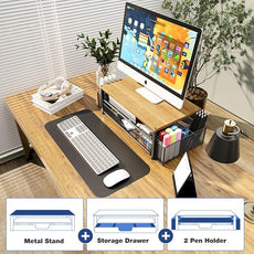 OPNICE Desk Organizers and Accessories, 2-Tier Computer Monitor Stand with Drawer and 2 Pen Holders, Laptop Stand, Office Desk Accessories for Office Supplies, Oak
