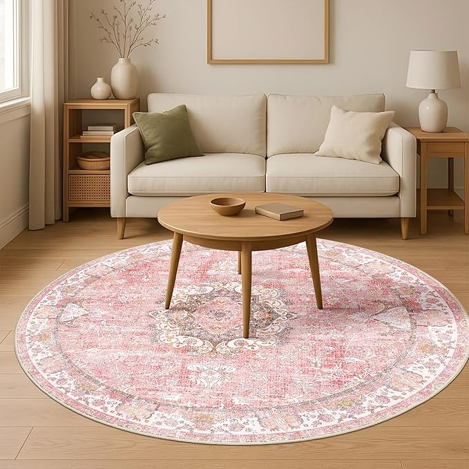 Pink Round Rug 6ft,Large Circle Area Rugs for Living Room Bedroom Dining Room,Washable Boho Vintage Bohemian Distressed Oriental Floral Carpet Non Slip,Blush Floral Flowers