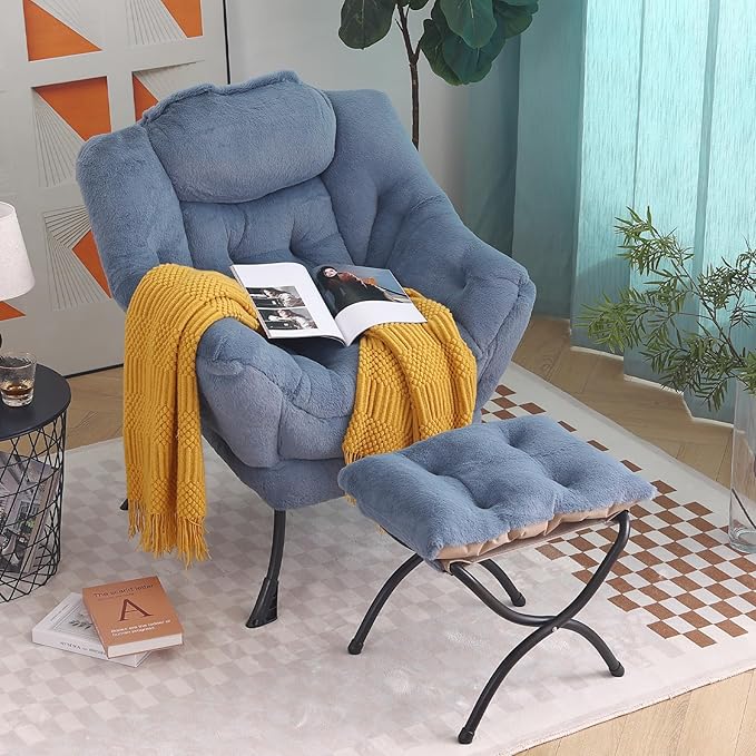 Tiita Lazy Chair with Ottoman, Modern Large Accent Lounge Armchair, Comfy Leisure Sofa Reading Chair with Footrest for Bedroom, Living Room, Dorm Rooms, Garden and Courtyard, Plush Light Blue