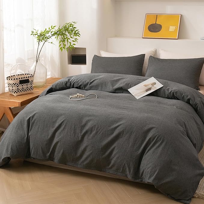 ECOCOTT Duvet Cover Set, 100% Washed Cotton Linen-Like Textured Soft & Breathable, Durable Comfy Bedding Set for All Seasons (Grey, Full)