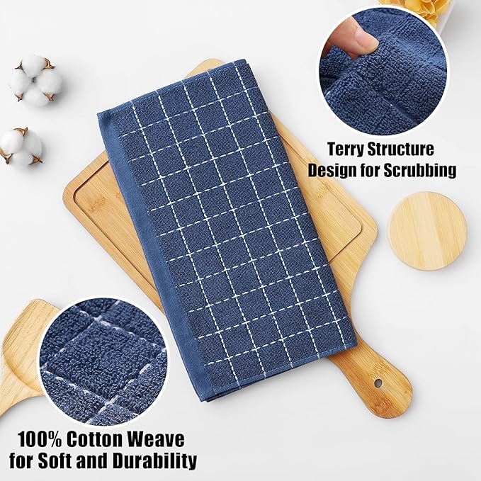 Homaxy 100% Cotton Terry Kitchen Towels(Navy Blue, 13 x 28 inches), Checkered Designed, Soft and Super Absorbent Dish Towels, 24 Pack