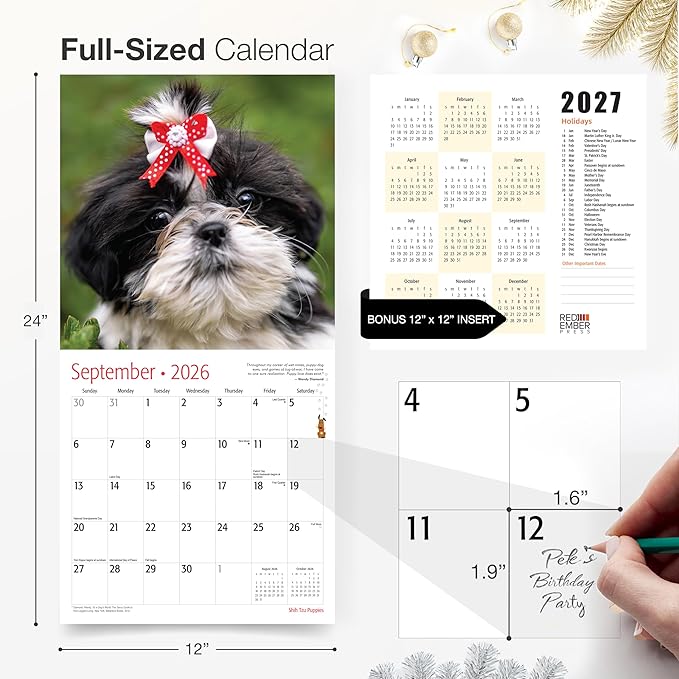 RED EMBER Shih Tzu Puppies 2026 Wall Calendar 12 Month | 12" x 24" Open | Thick & Sturdy Paper | Holiday Gift | Cute Puppy Dog Calendar 2026