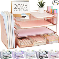 gianotter Desk Organizers and Accessories with File Holder, 4-Tier Desk Accessories & Workspace Organizers with Drawer and 2 Pen Holder, Paper Organizer for Office Supplies (Rose Gold)