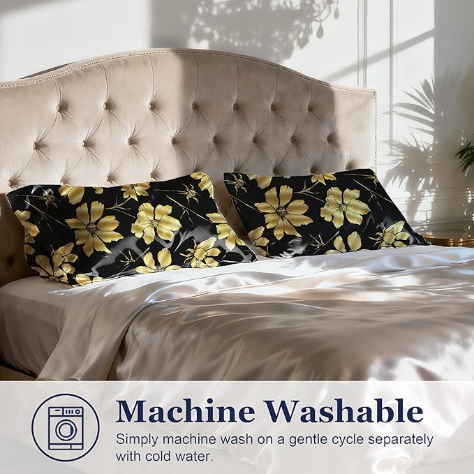 EXQ Home Satin Pillowcase for Hair and Skin Queen - Printed Golden Flowers Silk Pillow Cases 2 Pack 20x30 inches - Satin Pillow Cases Set of 2 with Envelope Closure, Gifts for Women Men
