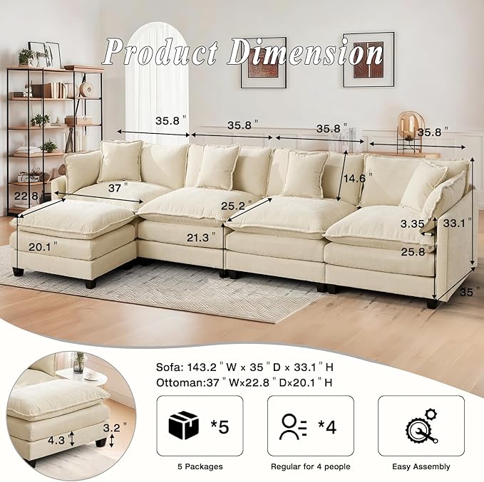 SoarFlash 149.61" Chenille Sectional Sofa, Comfy L Shaped Modular Coush Sofa with Ottoman, Modern 4 Seat Couch Deep Seat Sofa Set for Living Room,Beige