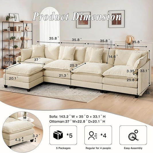 SoarFlash 149.61" Chenille Sectional Sofa, Comfy L Shaped Modular Coush Sofa with Ottoman, Modern 4 Seat Couch Deep Seat Sofa Set for Living Room,Beige
