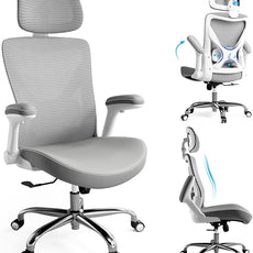 Ergonomic Office Chair-Computer X-Shaped Chair Mesh PU Leather with Adjustable Lumbar Support-Executive Desk Chair High Back with Headrest Flip-Up Arms for Long Hours (White-Grey)