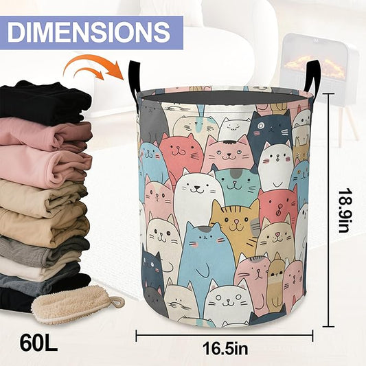 Laundry Basket-Cute Cartoon Cat Foldable Waterproof Oxford Cloth Funny Tote Bag Laundry Hamper Clothes Storage Bucket Organizer For Bathroom/Laundry Storage/Bedroom Storage Basket