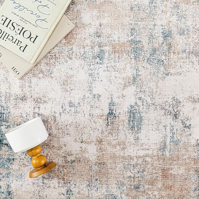 10x12 Area Rug Beige Blue Abstract Living Room Bedroom Washable Carpet Neutral Modern Non Slip Soft Low Pile Large Throw Rug for Dining Room Kitchen Office