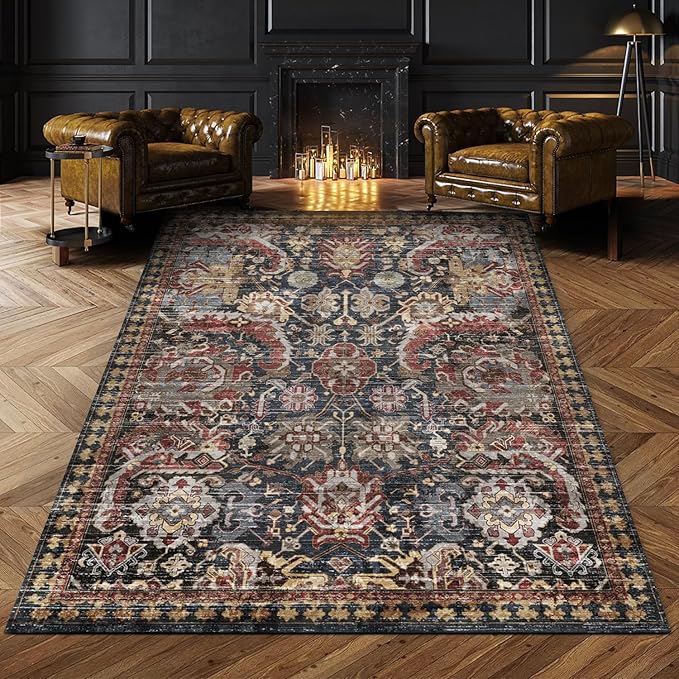 RUGSURE Washable Area Rugs - Perfect for Living Room, Bedroom, Kids Room, Nursery - Stain & Water Resistant Non-Slip, Pet & Child Friendly, Vintage Tribal Area Rugs (Rust, 4' x 6')