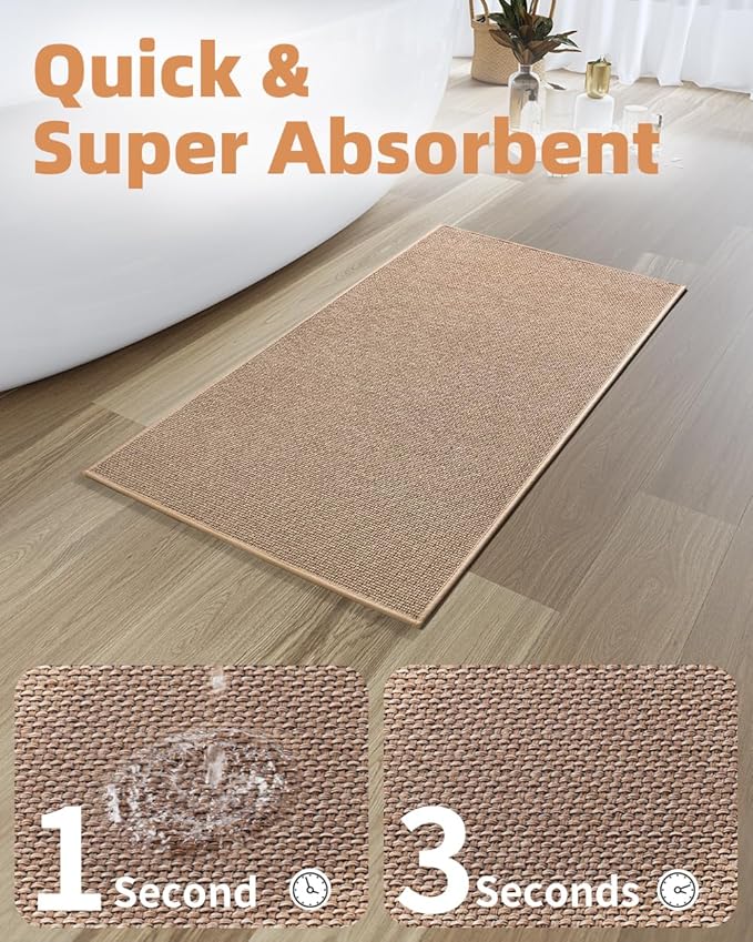 PADOOR Non-Slip Bath-Mats for Bathroom, Rubber-Backing Braided Absorbent Bathroom Mat Machine Washable Thin Bathroom Rugs Fit Under Door Quick Dry Bath Rugs for Floor, 24''x47'' Beige