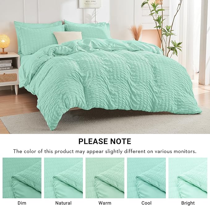 HYMOKEGE Mint Green King Size Comforter Set Seersucker 7 Pieces, All Season Luxury Bed in a Bag for Bedroom, Bedding Set with Comforter, Sheets, Pillowcases & Shams