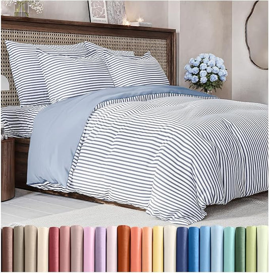 Duvet Cover Queen Size Set - Extra Soft Queen Size Duvet Cover 90 x 90 with 2 Pillow Shams - Hotel Luxury Easy Care & Fade Free w/Zipper Closures & Ties - Comfy Breathable Bedding Set (Blue Stripes)