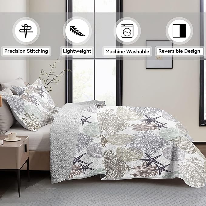 Tritard 3 Piece Coastal Quilt Sets King Size - Reversible Microfiber Quilts with 2 Shams Soft Lightweight Beach Bedding Nautical Bedspread Coverlet Summer Comforter Set for All Season, 106''x96'', C2