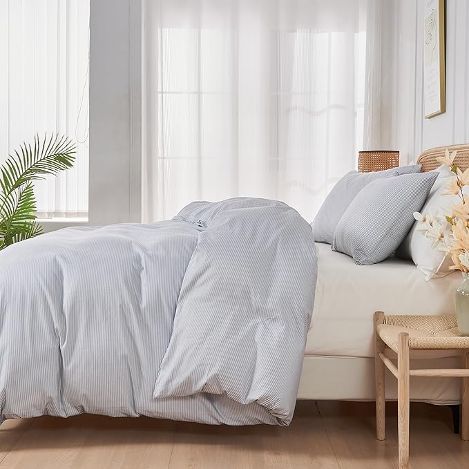 JELLYMONI 100% Natural Cotton 3pcs Striped Duvet Cover Sets,Blue Duvet Cover with Thin White Stripes Pattern Printed Comforter Cover,with Zipper Closure & Corner Ties(Twin Size)