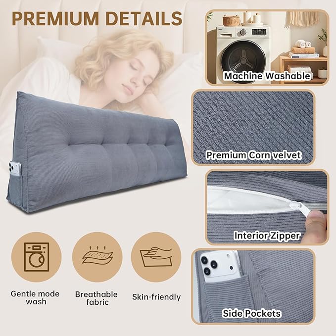 Headboard Pillow Full Bed Wedge Pillow for Dorm, Daybed, Back Support, Sitting Up, Reading, Relaxing, Dark Grey