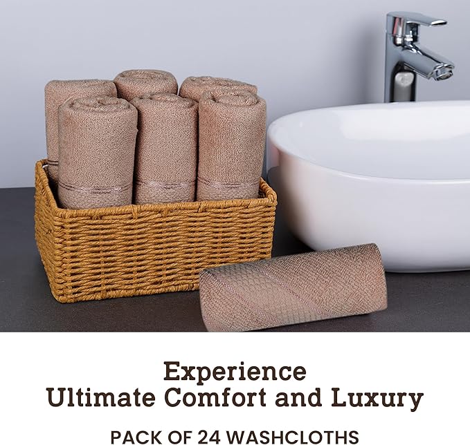 Casa Lino Face Towels & Body Wash Cloths for Showering - 100% Cotton Wash Cloths for Bathroom - Highly Absorbent & Quick Drying Washcloth Set - Cotton Washcloths 24 Pack (12" x 12") - (Brown)