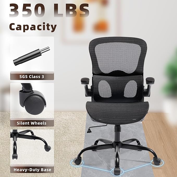 Office Chair, Ergonomic Desk Chair with Adjustable High Back 2D Lumbar Support Flip-up Armrests, Executive Breathable Mesh Comfy Swivel Rolling Computer Task Chair for Home Office Study Work Gaming
