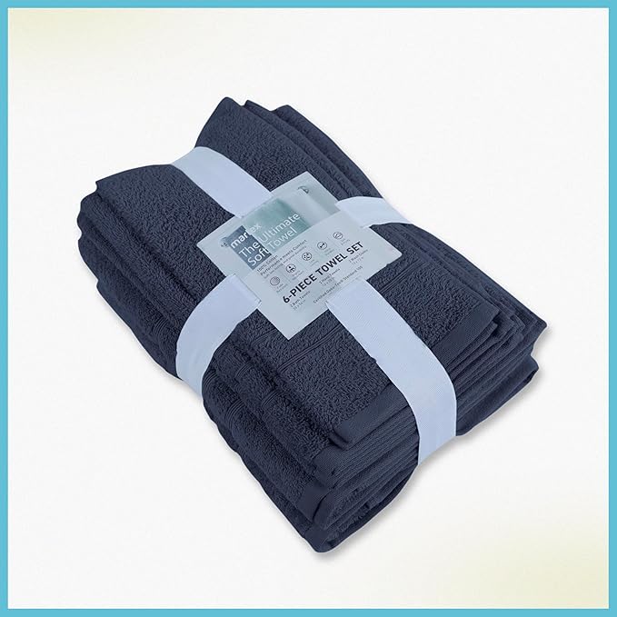 Martex 6-Piece Towel Set – Ultimate Performance – 100% Cotton – 2 Bath Towels – 2 Hand Towels – 2 Wash Cloths – Versatile – Low-Linting – Supersoft & Absorbent Bathroom Set – Easy Care – Estate Blue