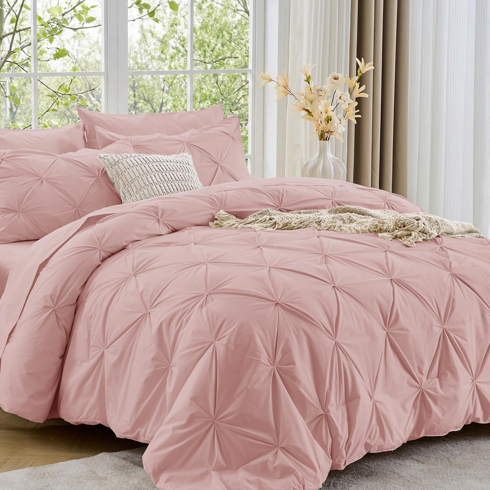 Sasttie Twin XL Comforter Set, 5-Piece Bed in a Bag, Pintuck Bedding Sets for All Season, Includes Comforter, Flat Sheet, Fitted Sheet, Pillowcase and Pillowsham, Beige