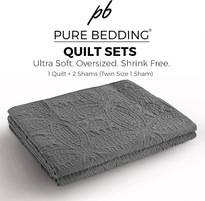 Quilt Set King/Cal King/California King Size Dark Grey - Oversized Bedspread - Soft Microfiber Lightweight Coverlet for All Season - 3 Piece Includes 1 Quilt and 2 Shams, Geometric Pattern