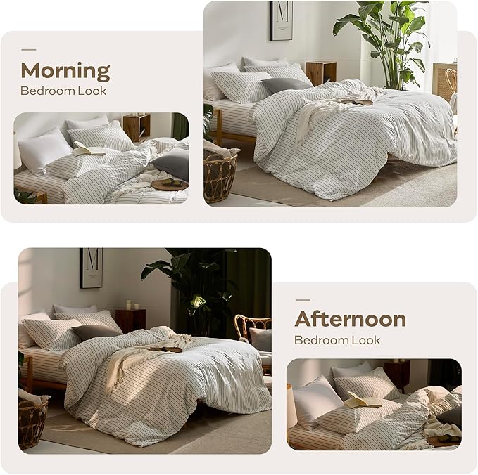 JELLYMONI Striped Duvet Cover Set - Full Size 100% Cotton - 3PCS White & Grey Vertical Stripes Bedding - Hidden Zipper Closure & 8 Corner Ties - Breathable Comforter Cover for Bedroom